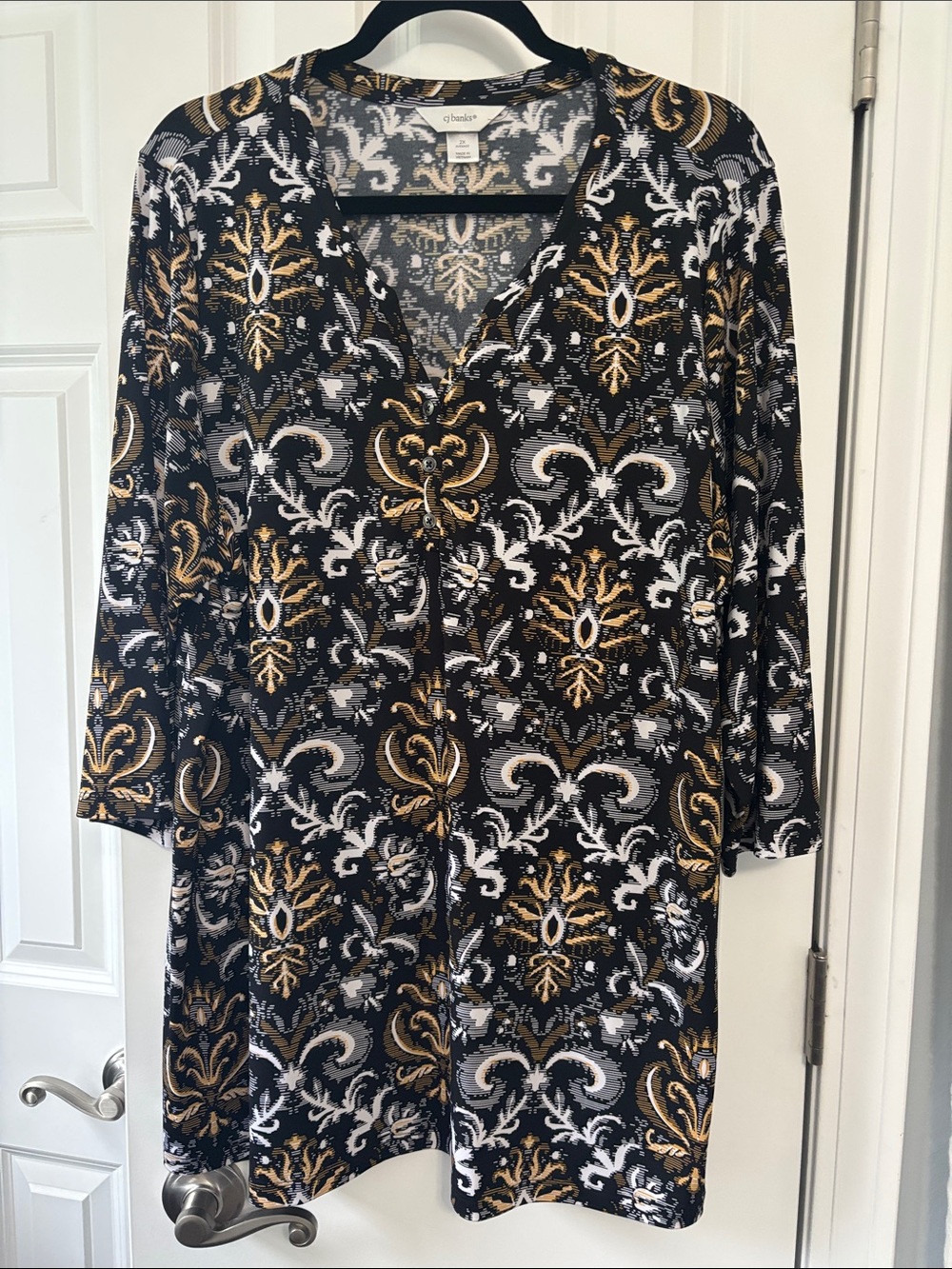 CJ Banks Black, Gold & White Patterned V-Neck Tunic